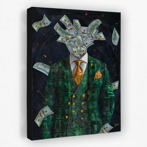 a painting of a man in a green suit with money coming out of his head