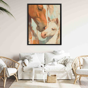 a painting of a horse and a foal in a living room