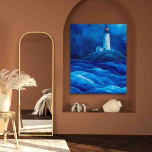 a painting of a lighthouse on a brown wall