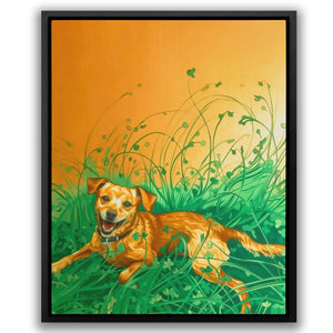 a painting of a dog laying in the grass