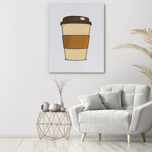 a living room with a chair and a coffee cup on the wall