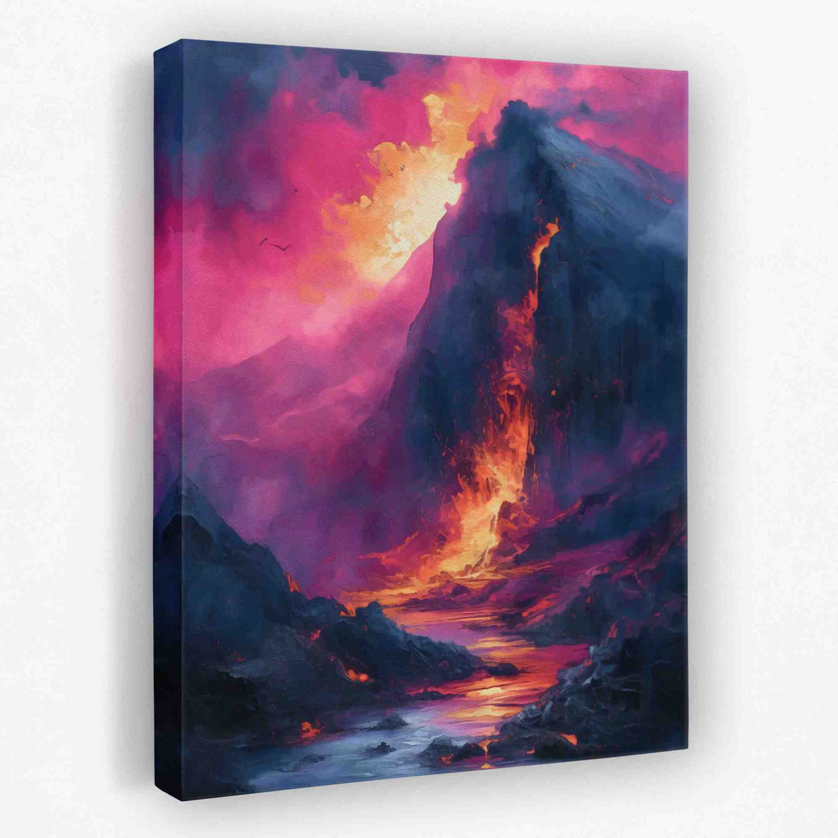 a painting of a mountain with a river running through it