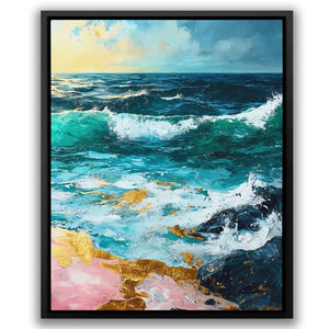 a painting of waves crashing on a beach