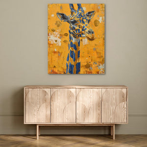 a painting of a giraffe on a yellow background