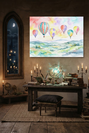 Balloons Floating Hills — balloons floating hills p desk with globe and books 1land flush print