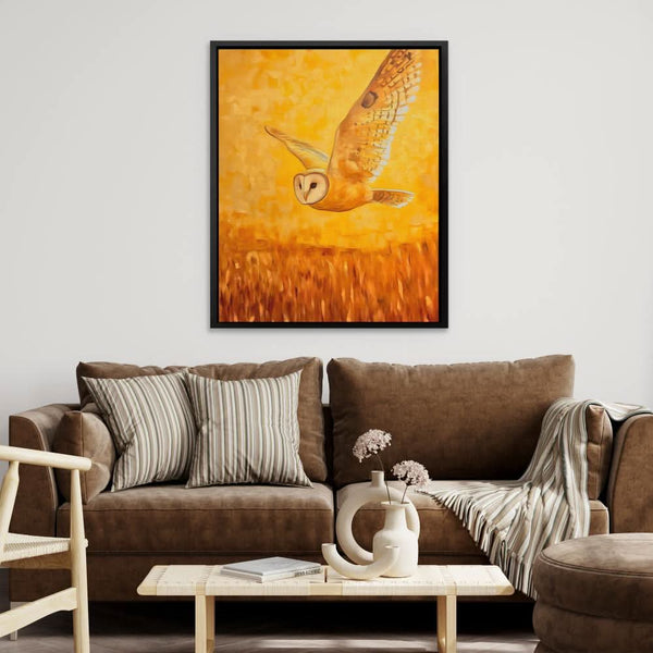 Barn Owl in Sunset Glow in a room