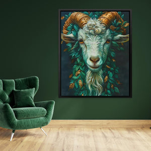 a painting of a goat with horns on a green wall