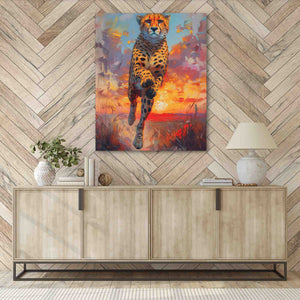a painting of a cheetah running in the sunset