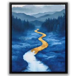 a painting of a yellow road in the middle of a blue landscape