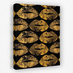 a black and gold canvas with gold lips on it