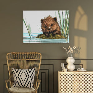 a painting of a beaver cub in a pond