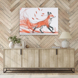 a picture of a fox on a wall above a dresser