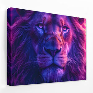 a purple lion with blue eyes on a white wall