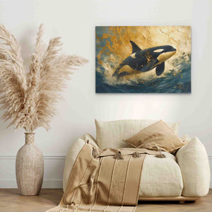 a painting of an orca jumping out of the water