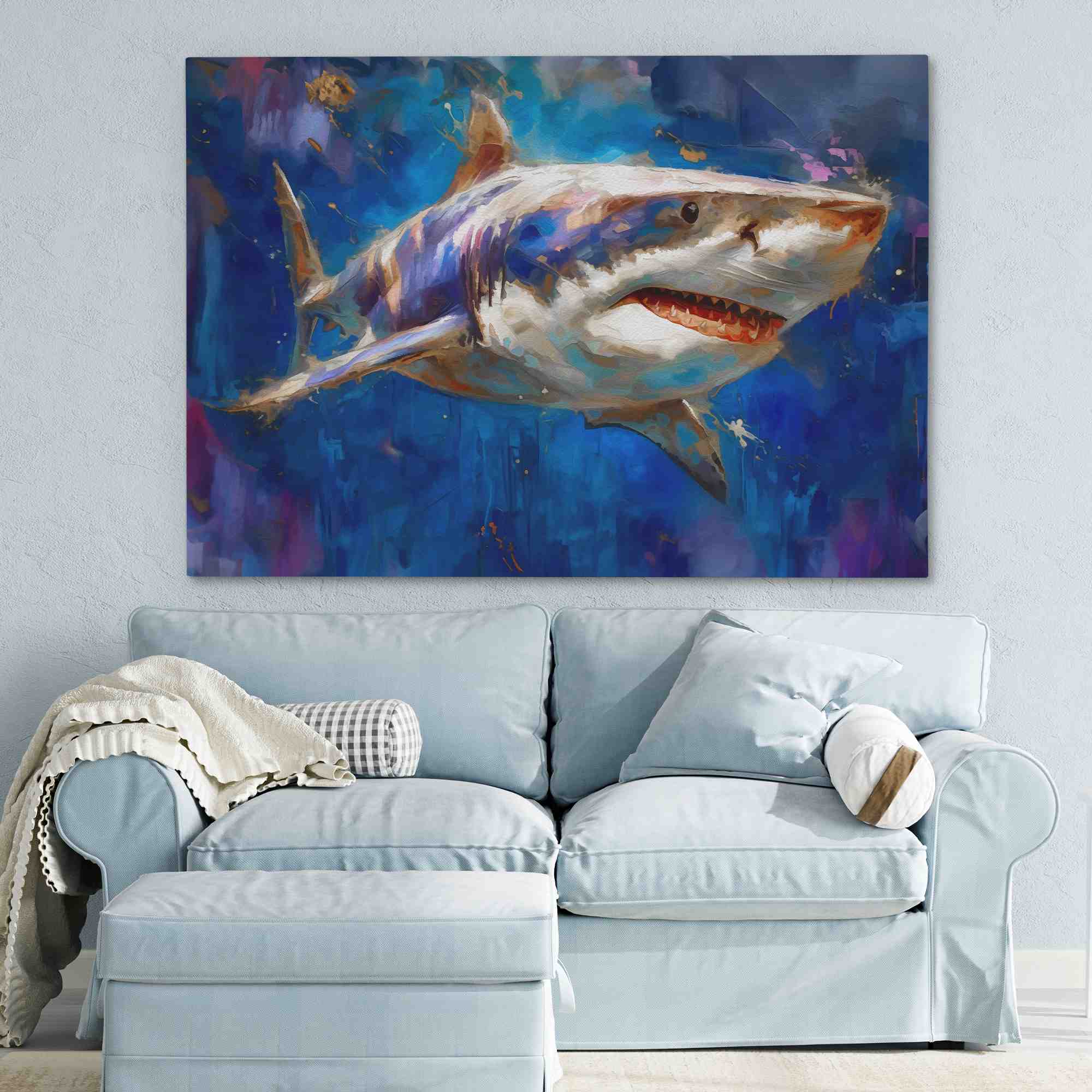 a painting of a great white shark on a blue background