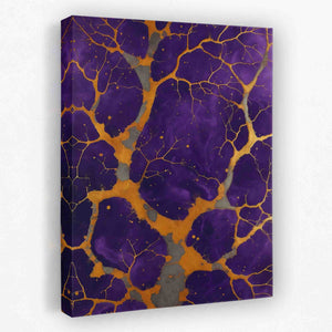 a purple and orange abstract painting on a white wall