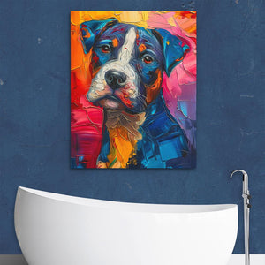 a painting of a dog on a wall above a bathtub