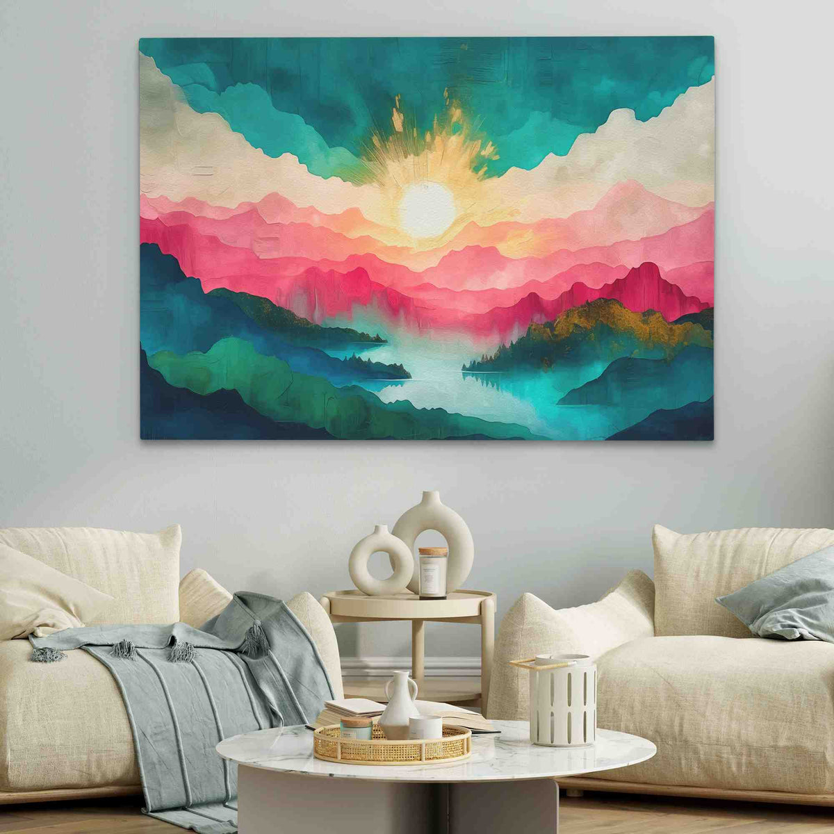 a living room with two couches and a painting on the wall