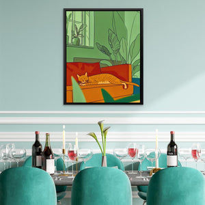 a painting of a cat sleeping on a couch