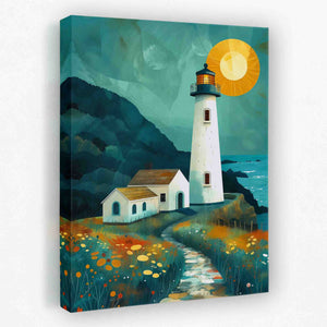 a painting of a lighthouse with a path leading to it