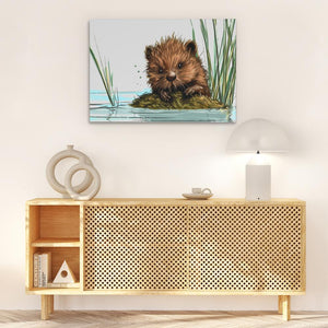 a painting of a beaver cub swimming in a pond