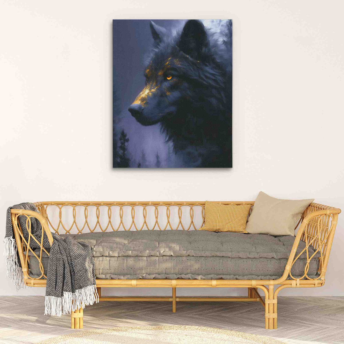 a painting of a wolf on a wall above a couch