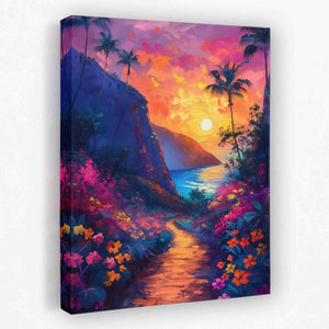 a painting of a tropical sunset on a canvas