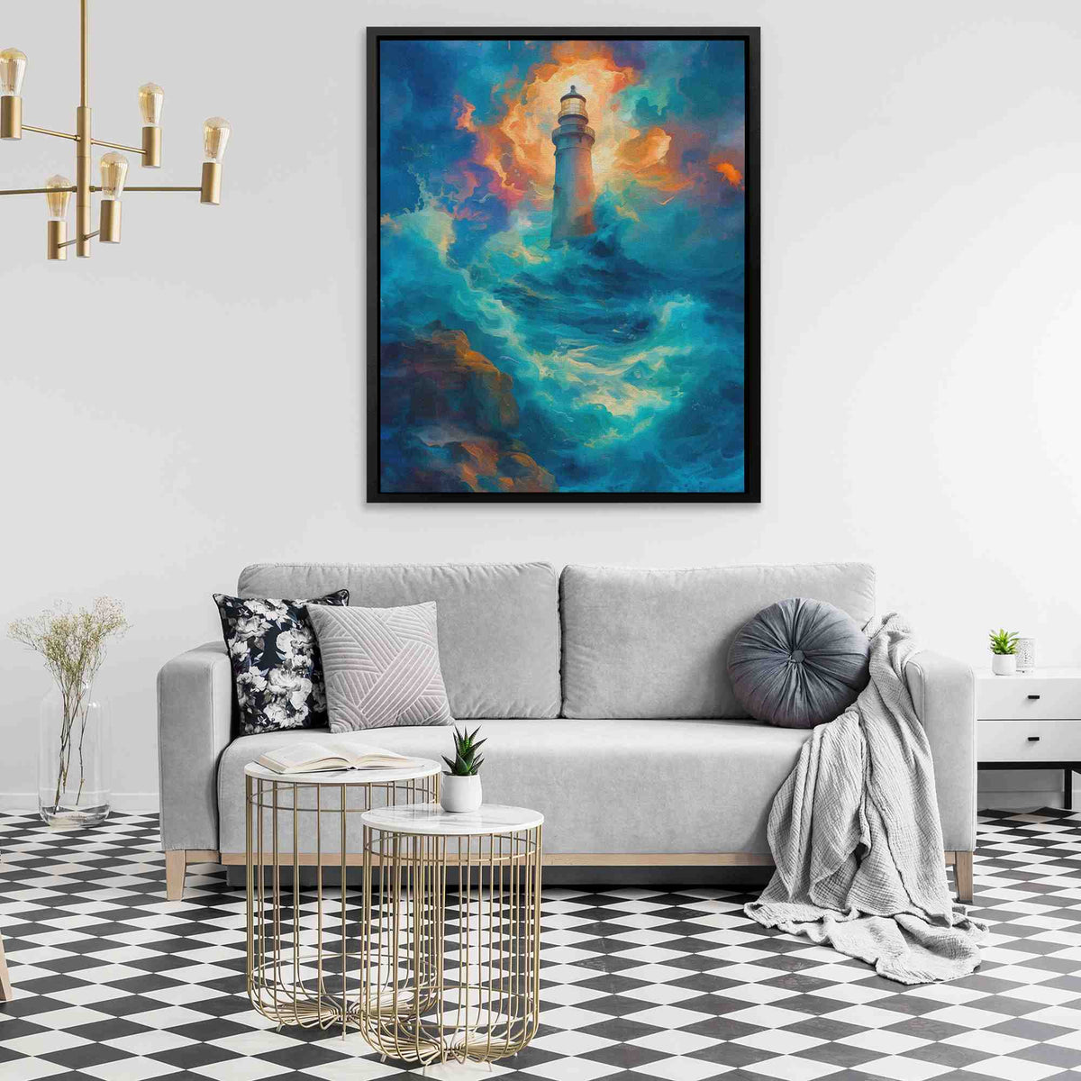 a living room with a couch and a painting on the wall