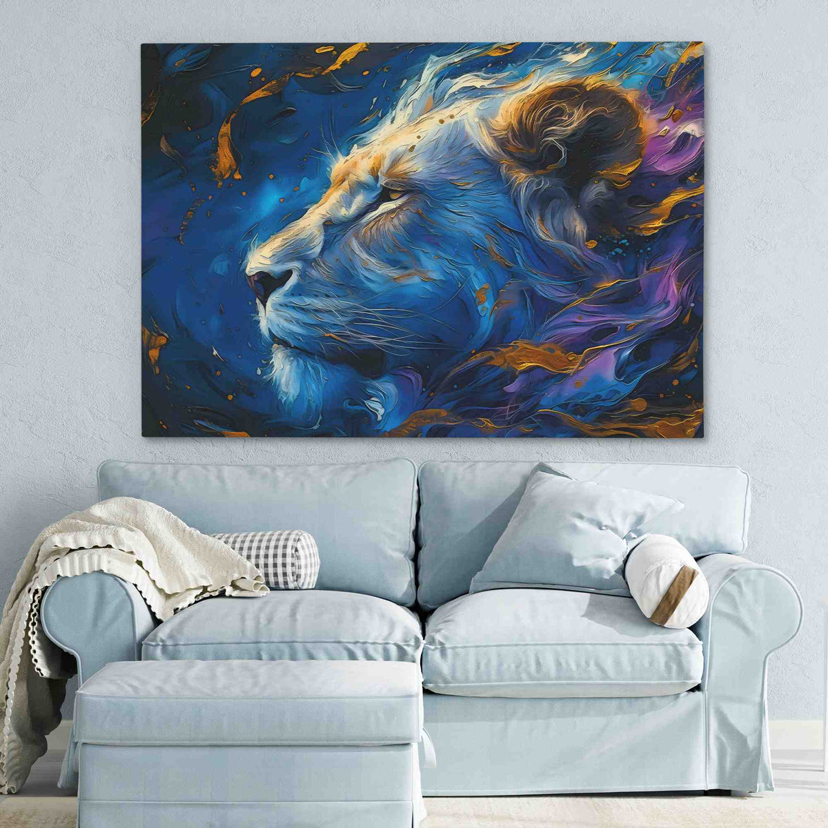 a living room with a couch and a painting on the wall