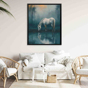 a painting of a horse drinking water in a living room