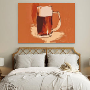 a painting of a mug of beer on a bed