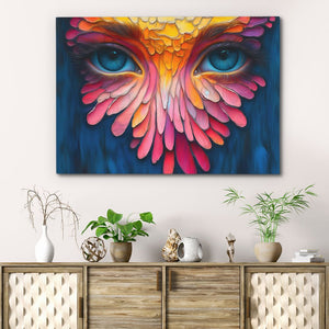 a painting of a colorful bird with blue eyes