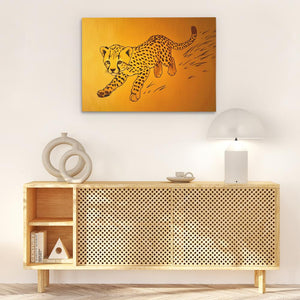 a painting of a cheetah running on a yellow background