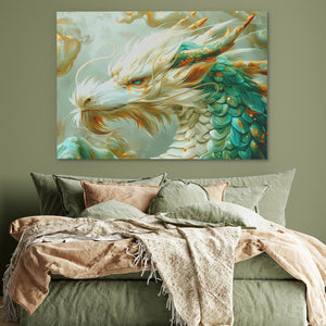 a painting of a dragon on a wall above a bed