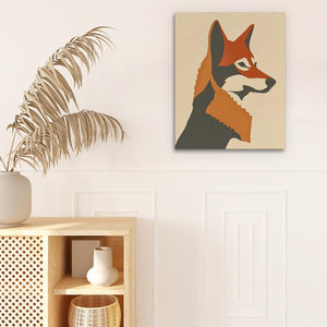 a painting of a fox on a wall next to a potted plant