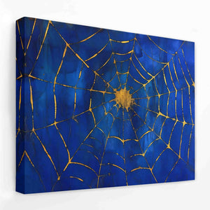 a painting of a spider web on a blue background