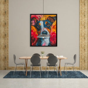 a painting of a dog with a frisbee in its mouth