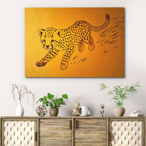 a painting of a cheetah running on a yellow background