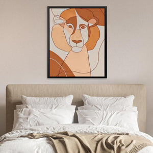 a picture of a lion on a wall above a bed