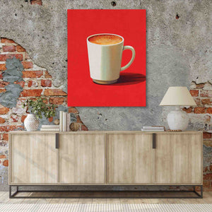 a painting of a coffee cup on a red background