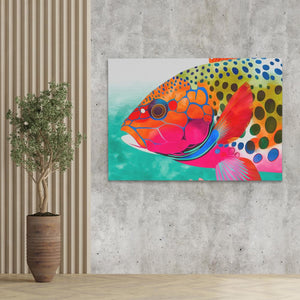 a painting of a fish on a wall next to a potted plant