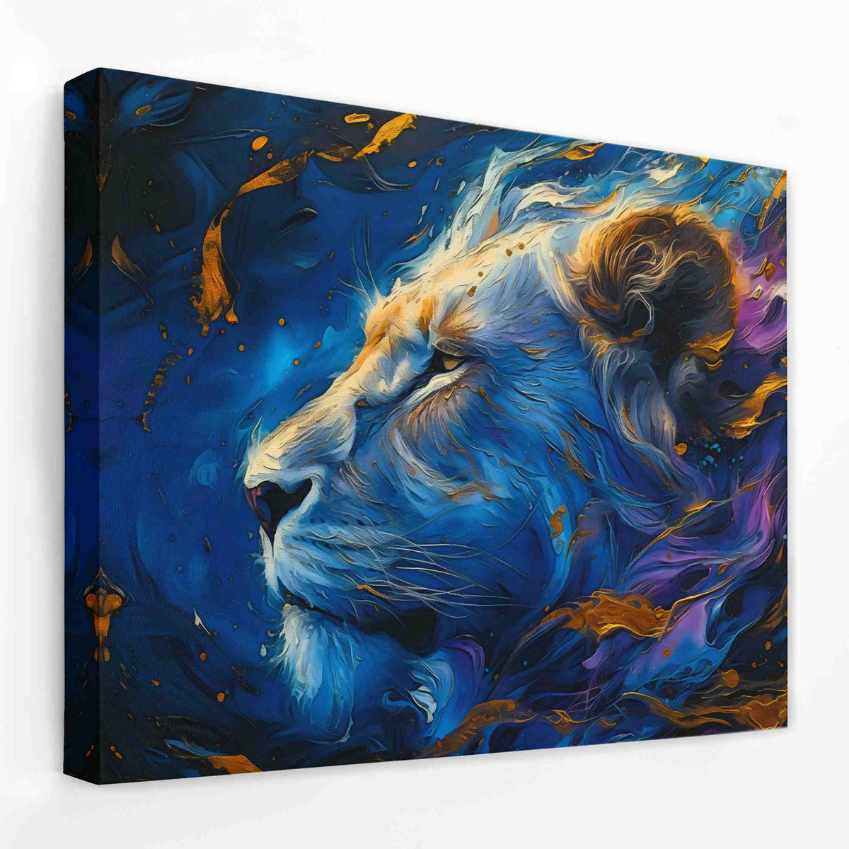a painting of a lion&#39;s face on a blue background