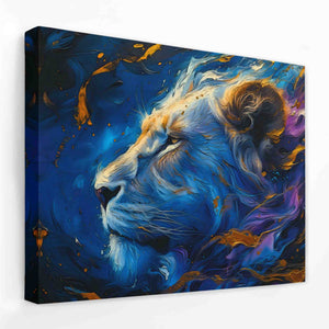 a painting of a lion's face on a blue background
