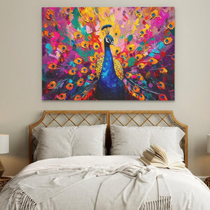 a painting of a peacock on a wall above a bed