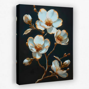 a painting of white flowers on a black background