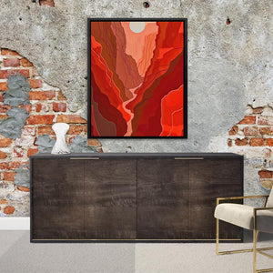 a painting hanging on a wall next to a sideboard