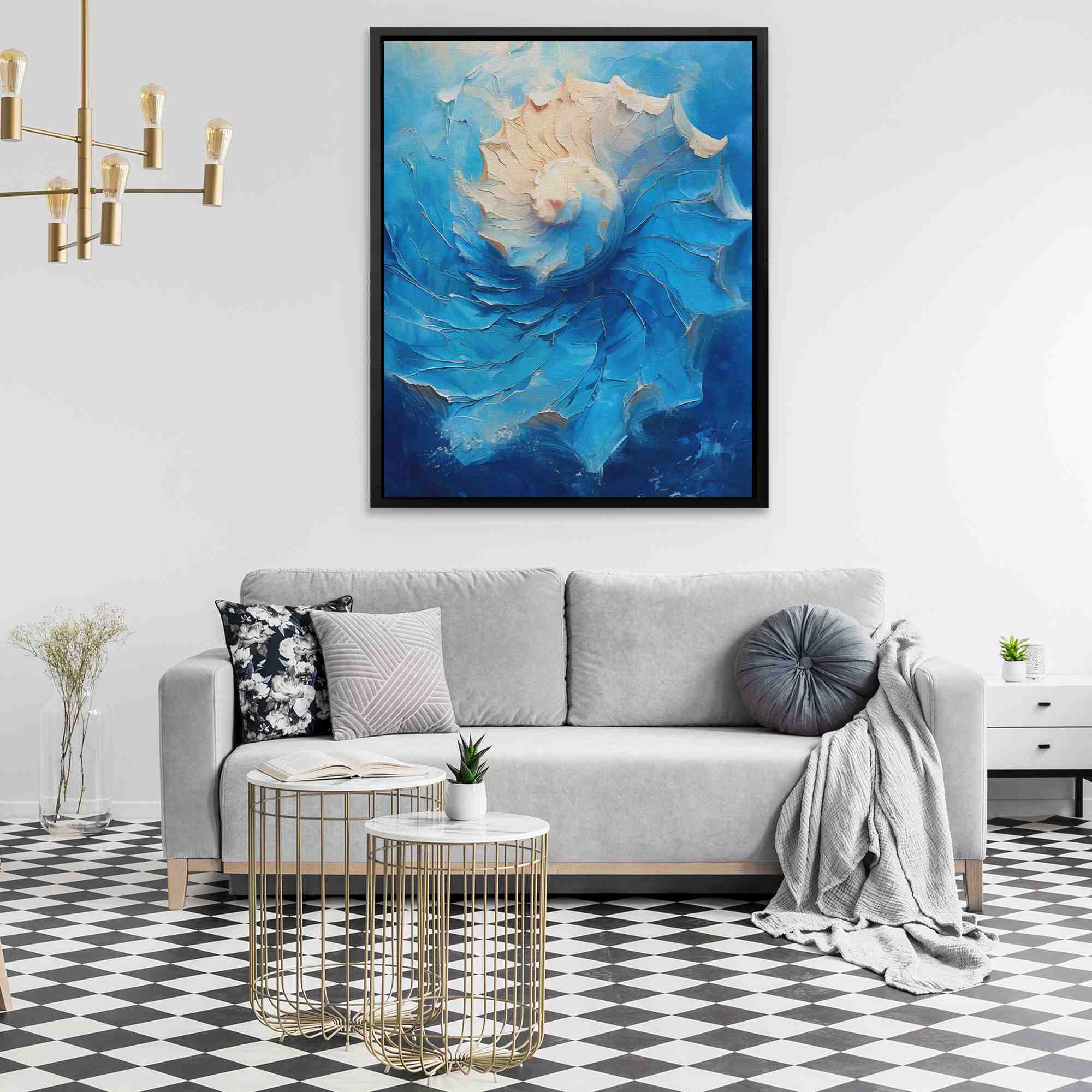 a painting of a blue flower on a white wall