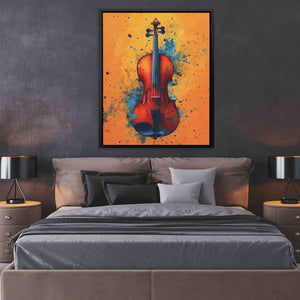 a painting of a violin on a wall above a bed