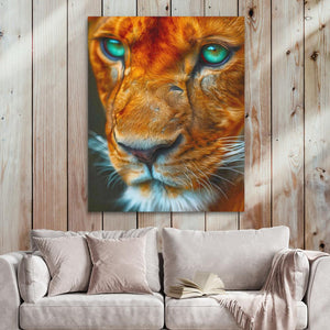 a painting of a tiger's face with blue eyes