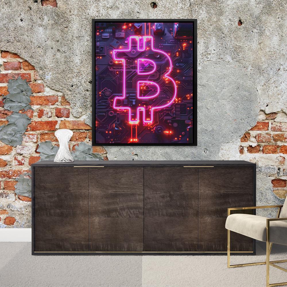 a lit up bitcoin sign on top of a computer board